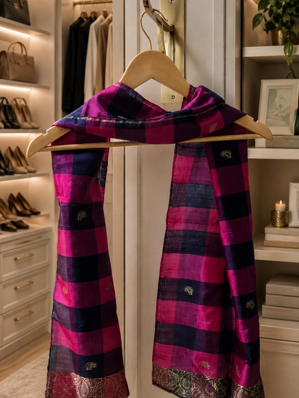 United Nations Women's Pink and Navy Checkered Silk-Blend Scarf